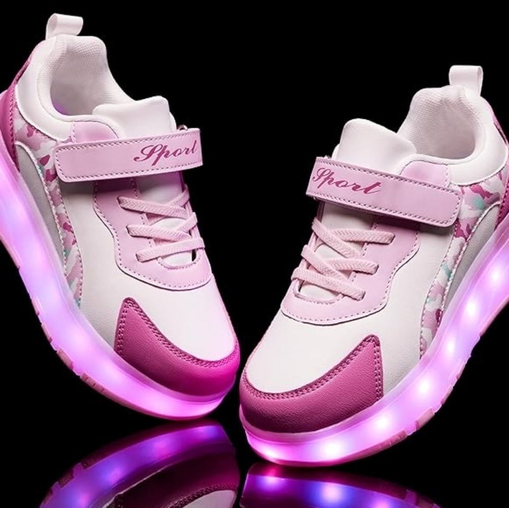 LED Roller Skates Shoes 4 Wheel Skating Pink and White Light-Up Size 1 - Picture 3 of 11